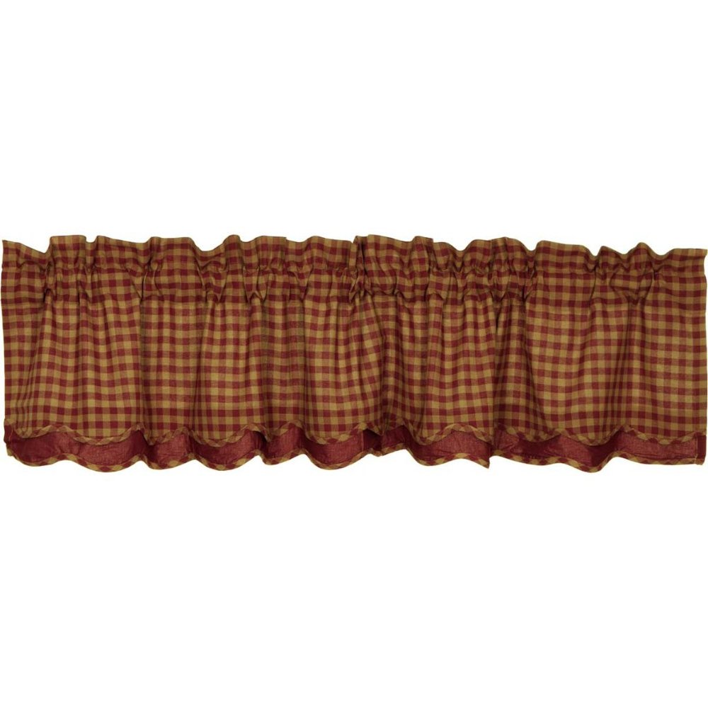 Country Primitive Burgundy Check Scalloped Layered Homespun Valance 72"